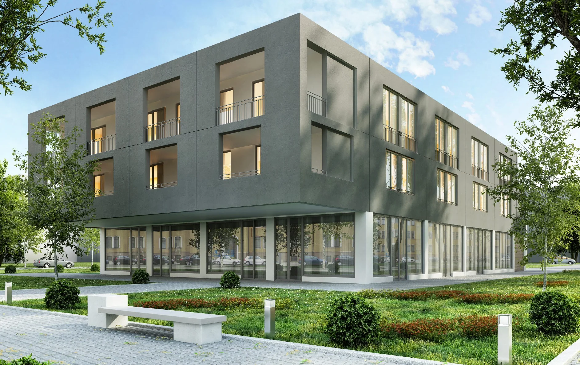 Modern two-story building with large windows.