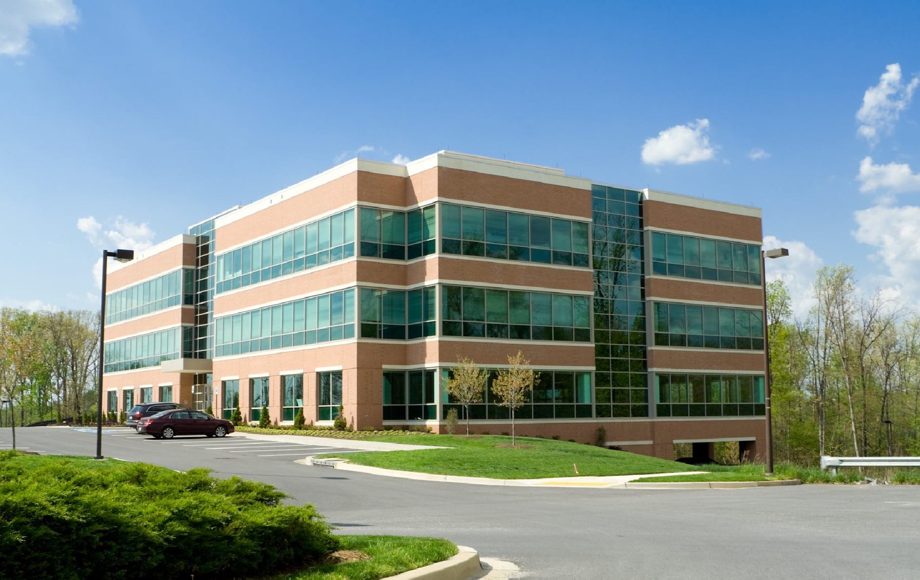 Modern office building with glass windows.