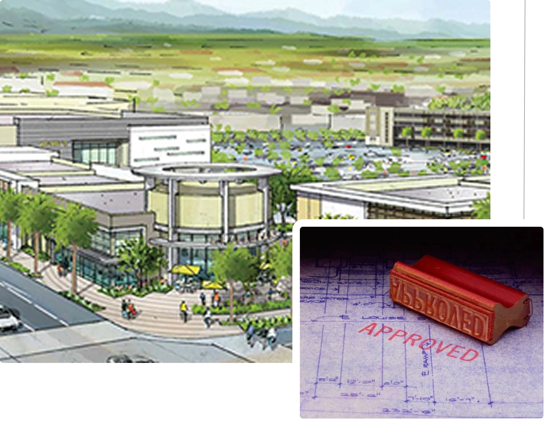 Approved building plans with architectural rendering.