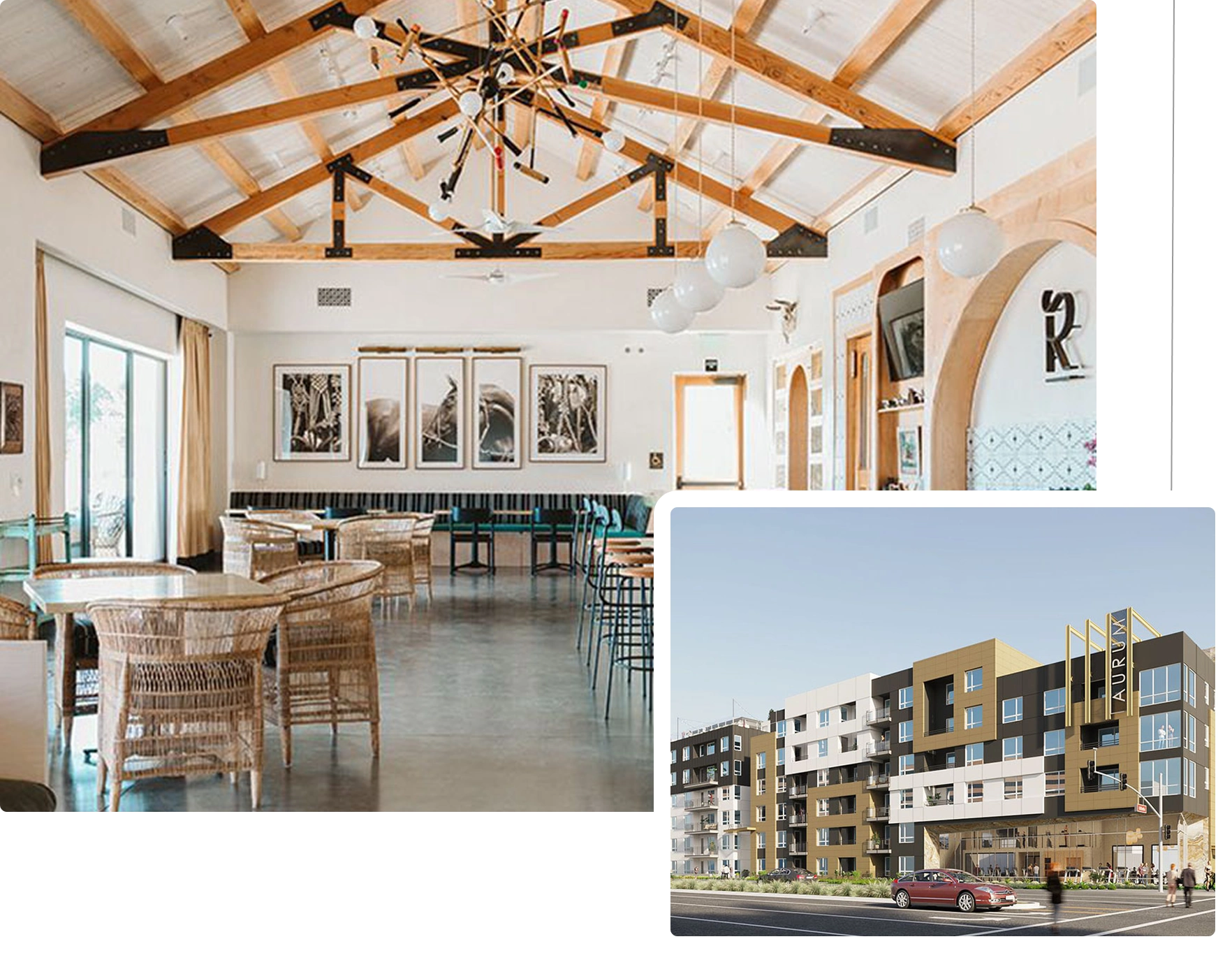 Modern cafe interior and contemporary apartment building.