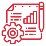 Red gear, document, and pencil icon.