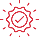 Red checkmark badge with rays on black.
