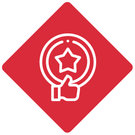 Star icon with thumbs-up on red background.
