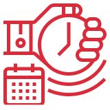 Red stopwatch and calendar icon on black.