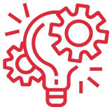 Red lightbulb and gears on black background.